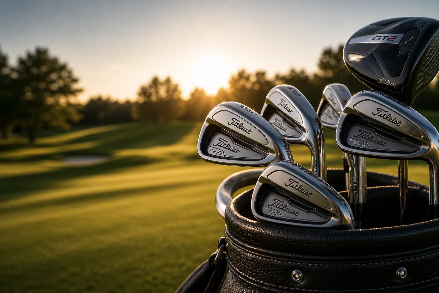 Premiumgolfklubbor i en bag på en golfbana
